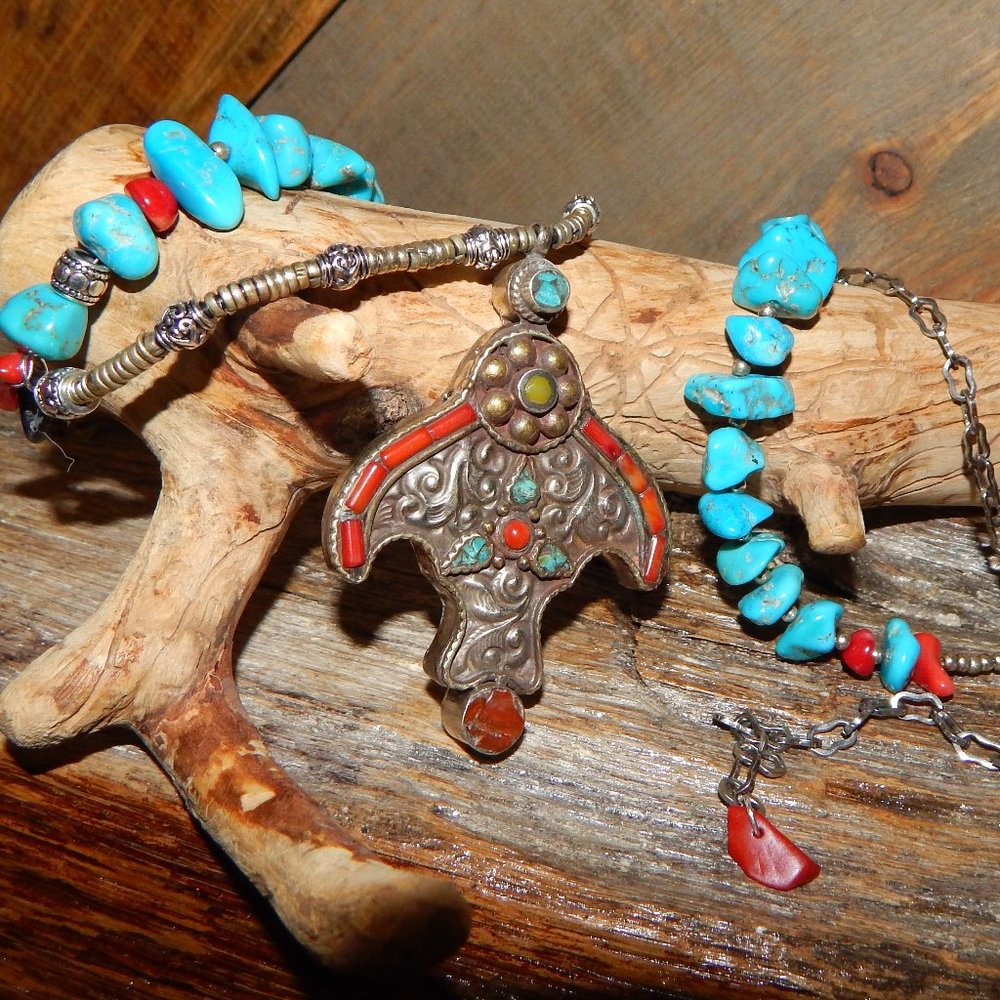 BoHo Turquoise Coral Mixed Metals Pendant Necklace - Picture 1 of 8